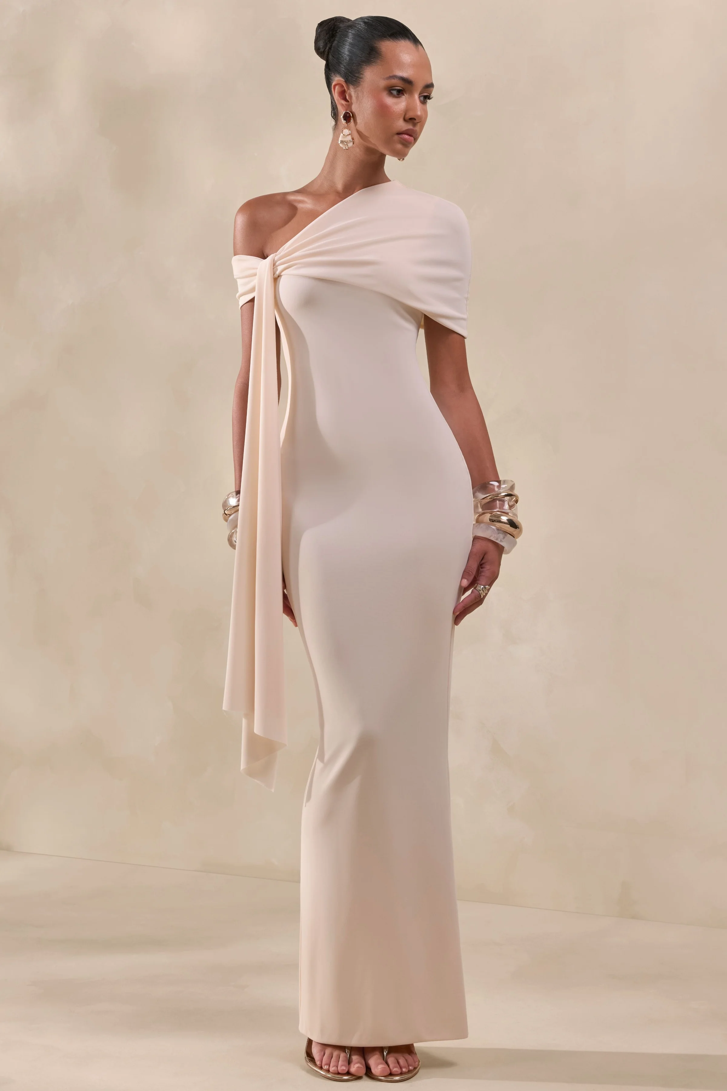 Esalina | Cream Asymmetric-Neck Maxi Dress With Sash