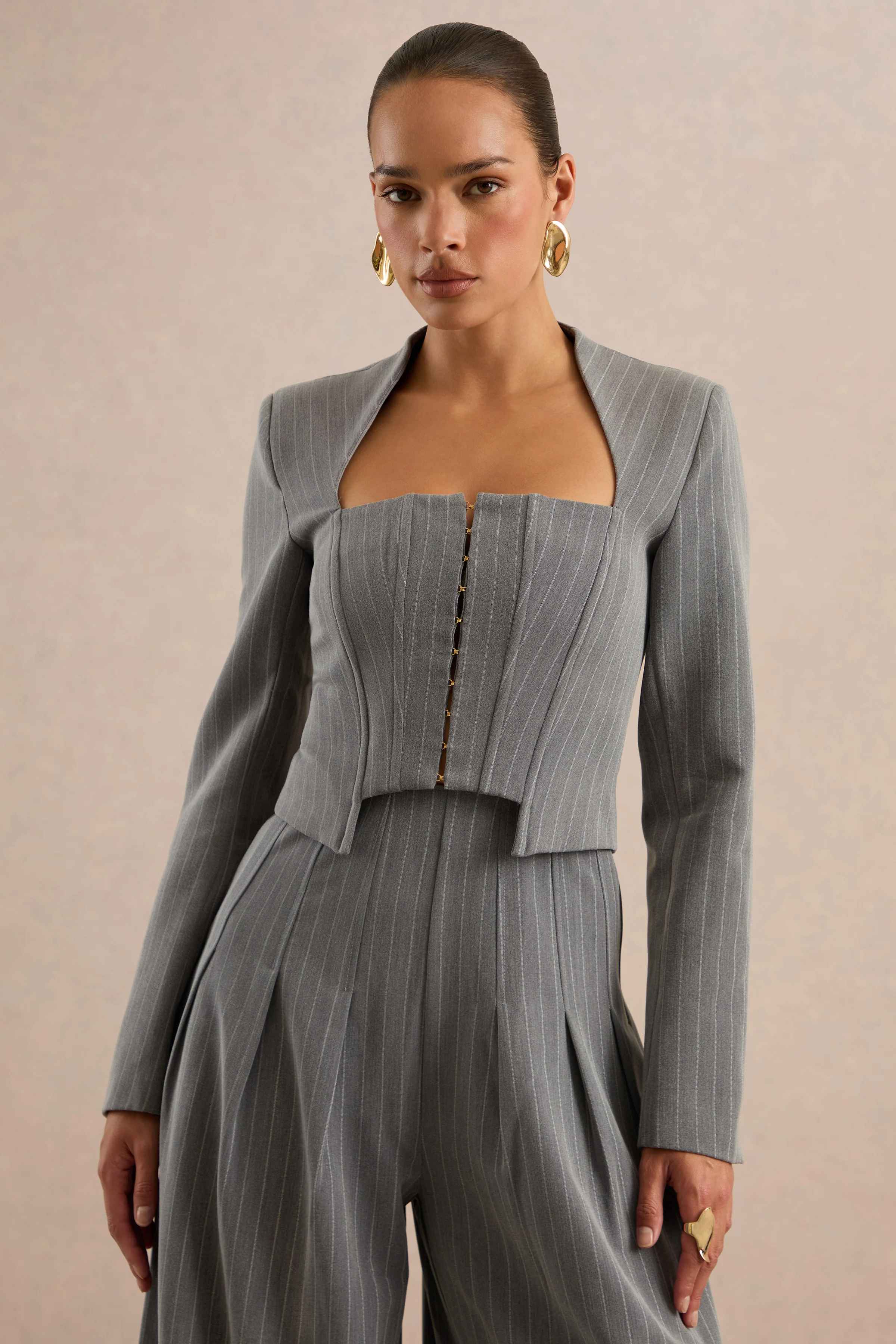 Genara | Grey Pinstripe Square Neck Long Sleeve Tailored Top