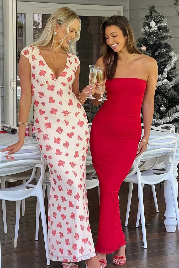 Sexy Bandeau Mesh Ruched Floral Corset Print Maxi Dress