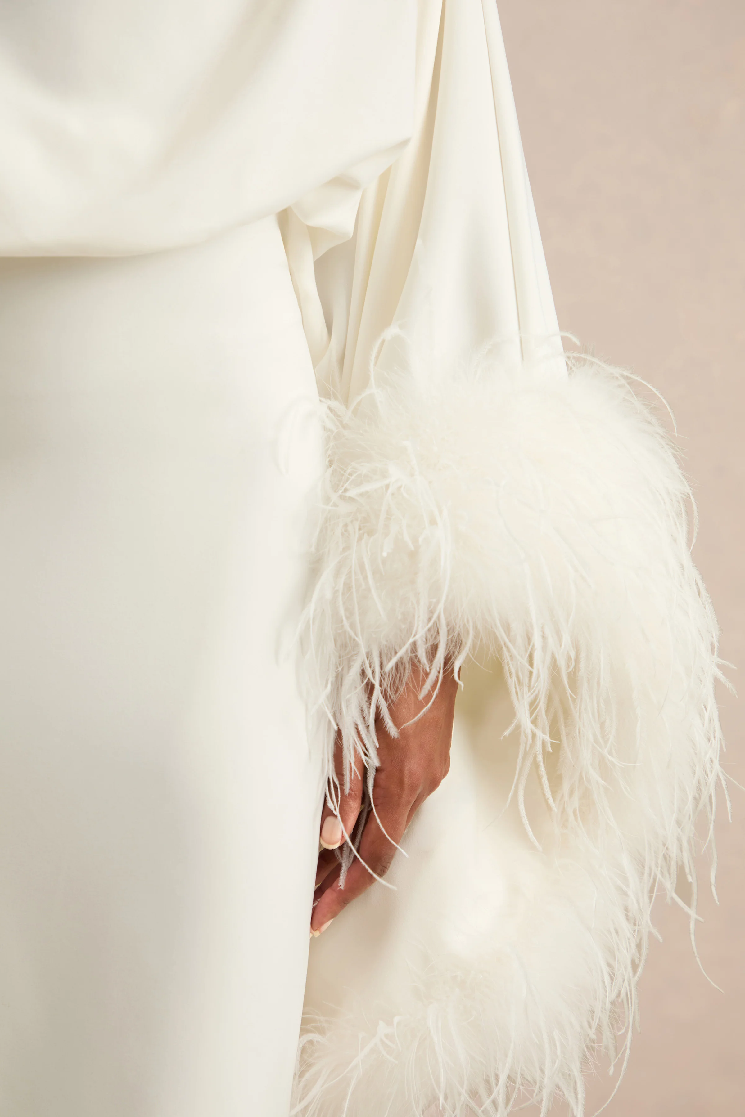 Felicity | White Satin Asymmetric-Neck Maxi Dress With Feather Detailing