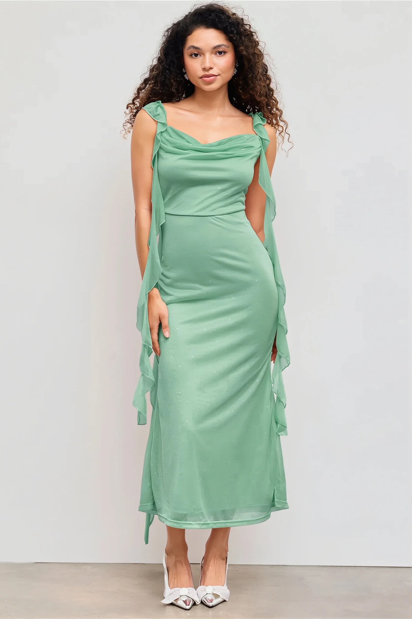 Shiny Flouncy Ribbon Elegant Maxi Dress