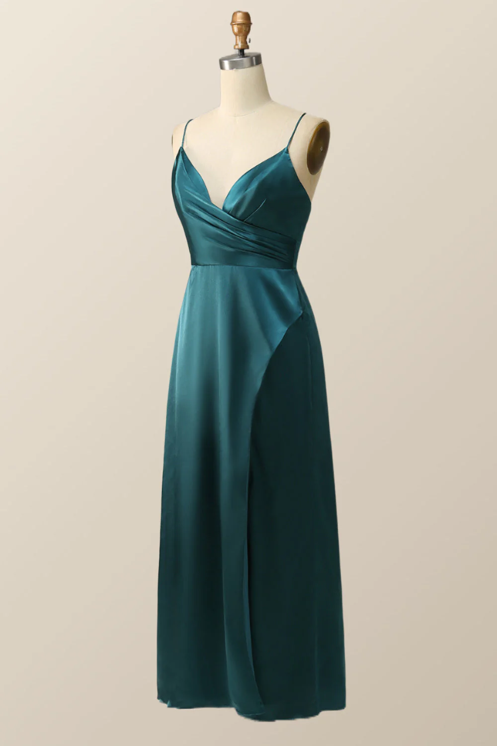 Straps Dark Green Satin Pleated Long Bridesmaid Dress