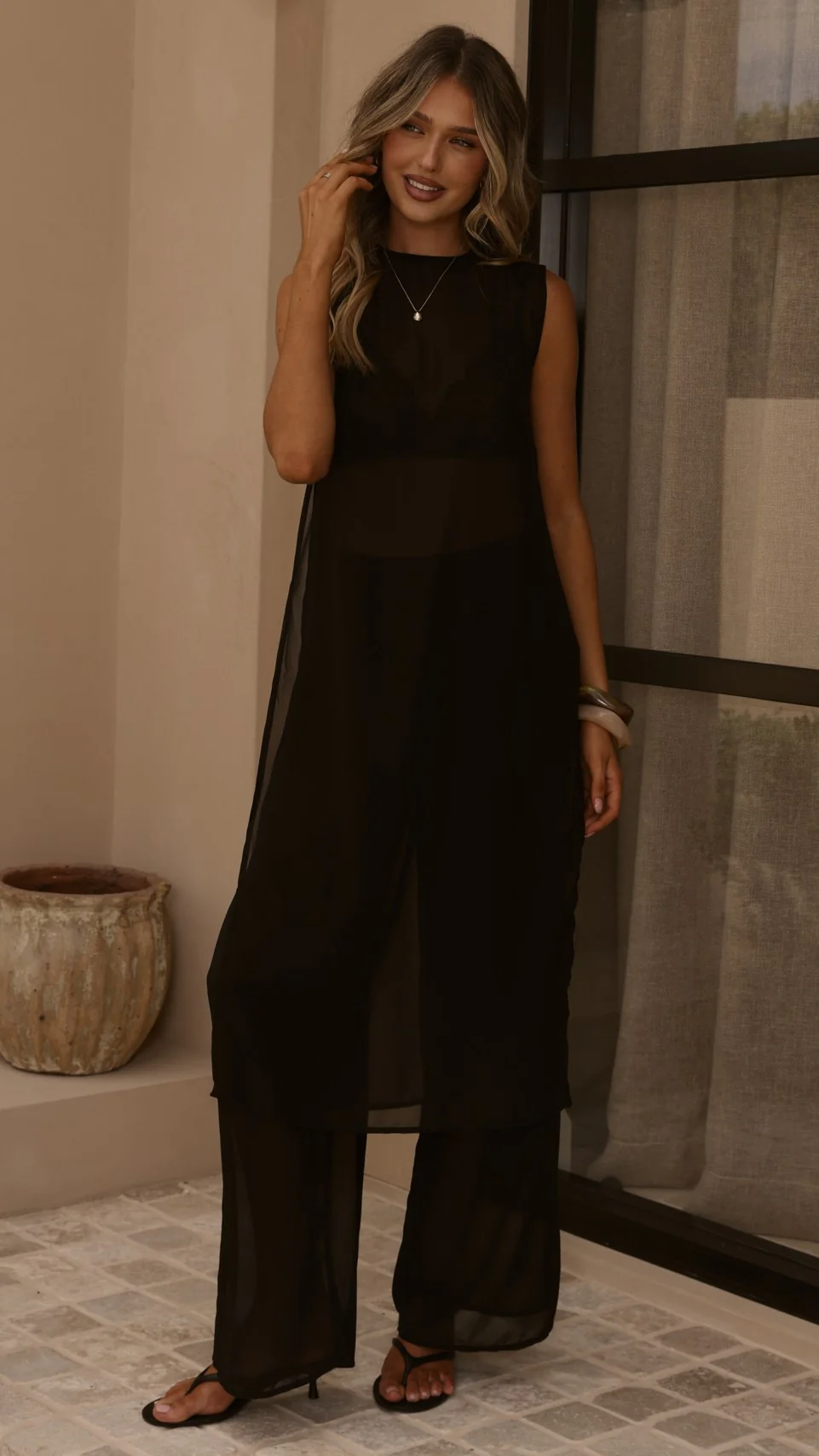 Zaire Long Line Sheer Top and Pants Set - Black