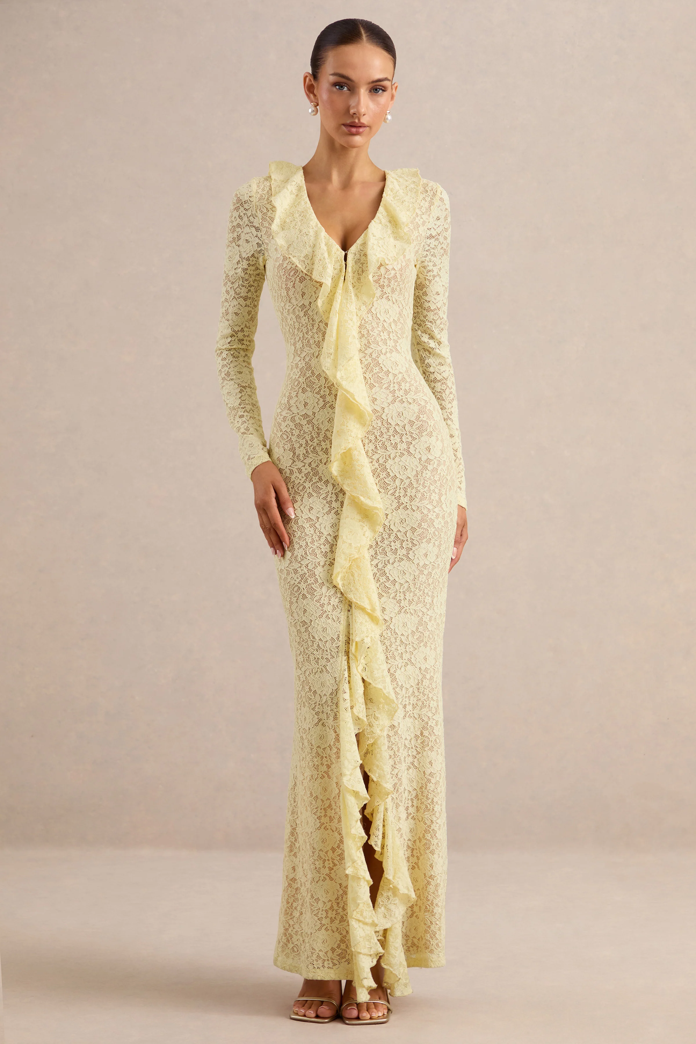 Exelia | Lemon Lace Plunge-Neck Maxi Dress With Long-Sleeves