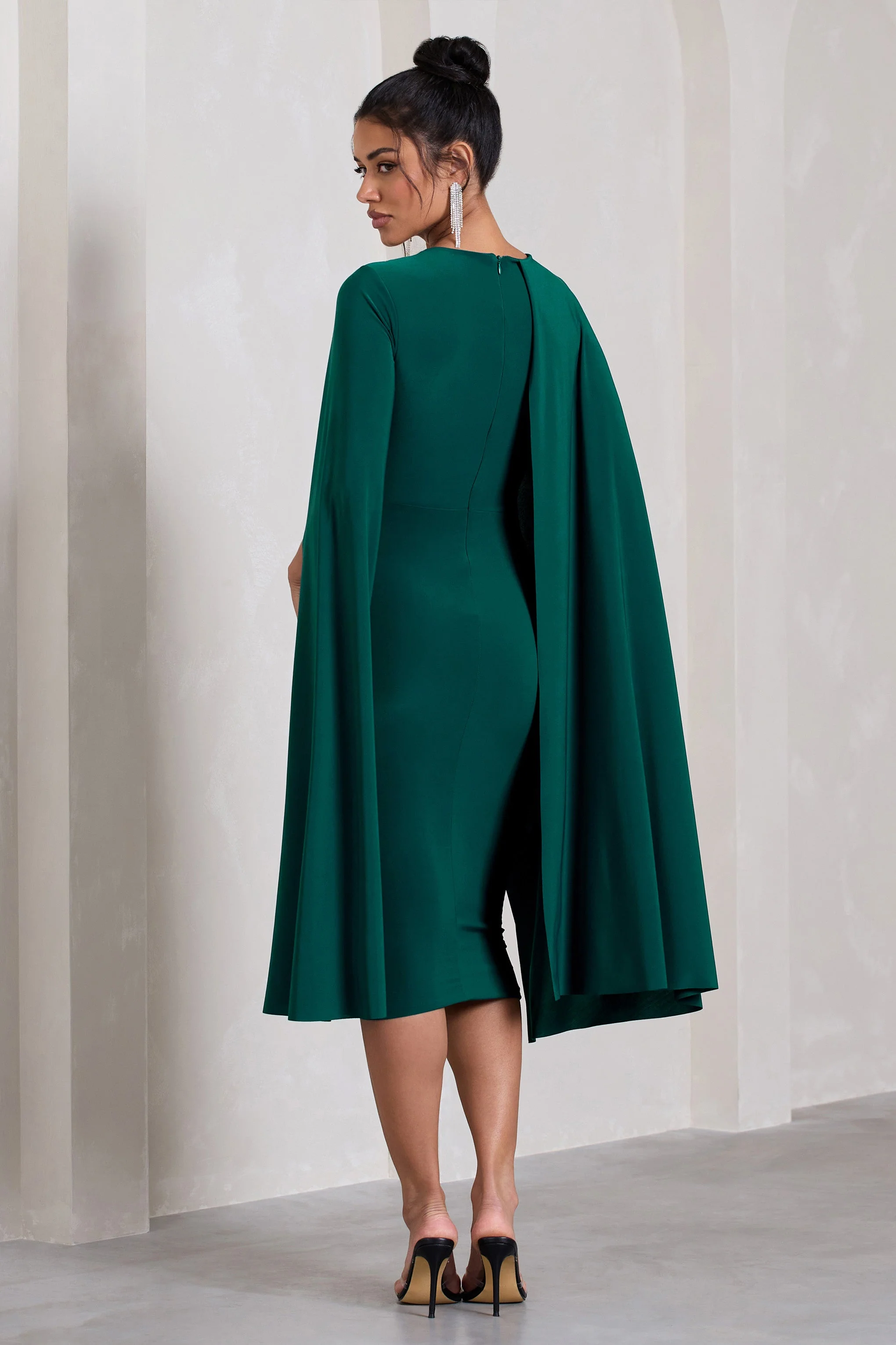 Marysol | Bottle Green Asymmetric Cape Midi Dress