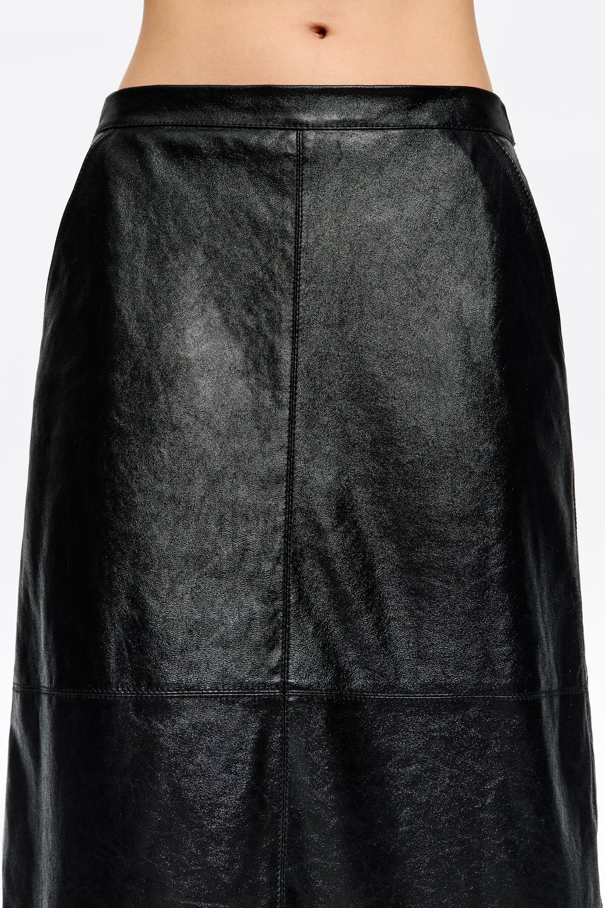 Black leather A-line midi skirt