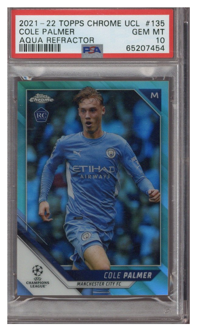 2021-22 Topps Chrome Cole Palmer UEFA #135 Aqua Refractor RC 148/199 PSA 10