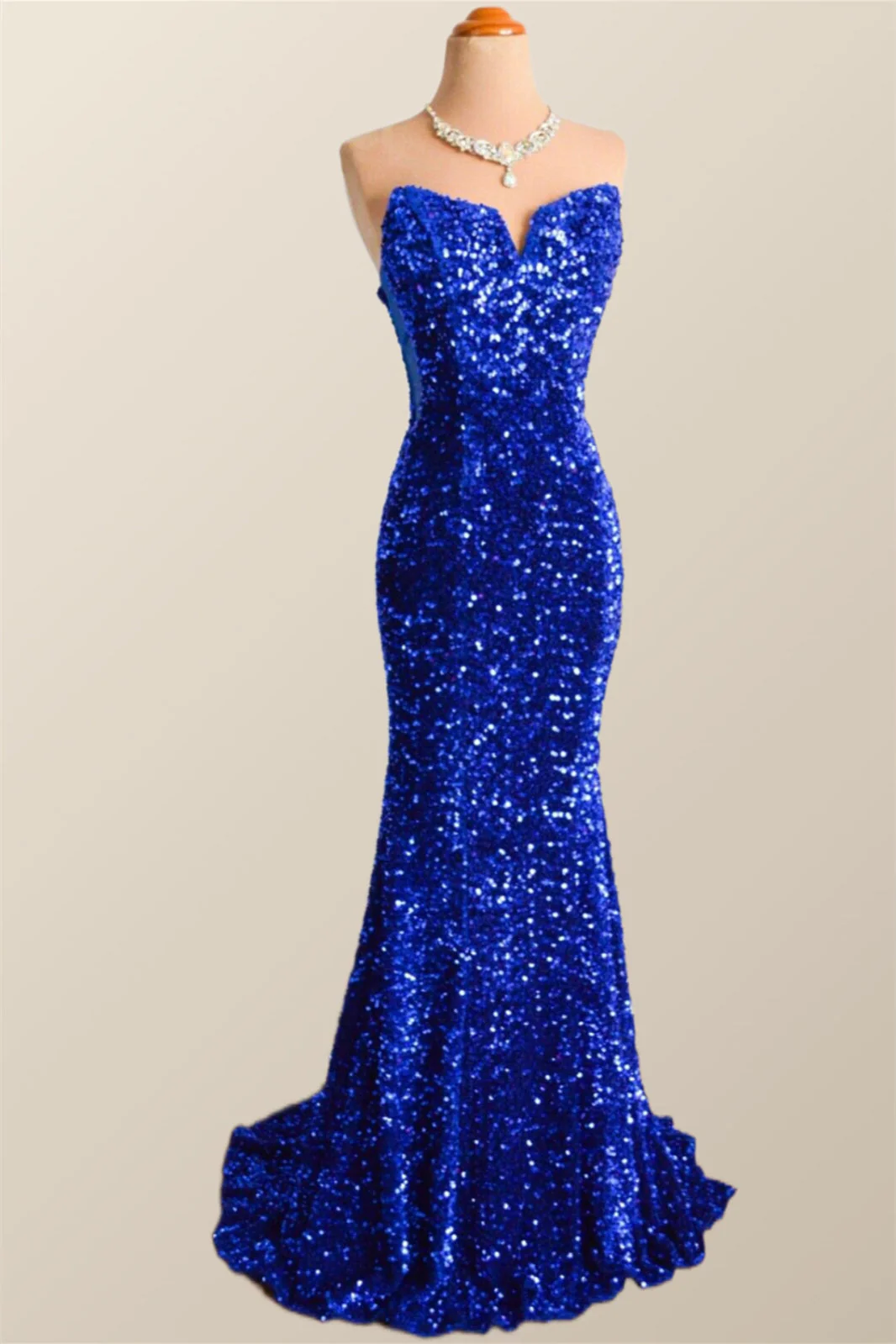 Strapless Royal Blue Velvet Sequin Mermaid Party Dress