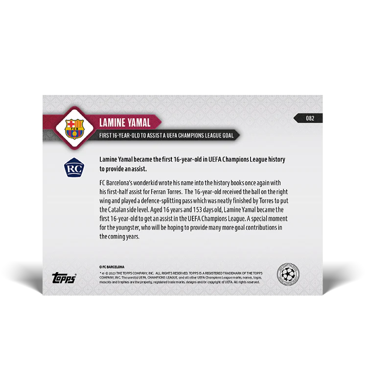 Topps UK - Lamine Yamal - UEFA Record: First 16-year-old to assist a UEFA Champions League goal - UCL TOPPS NOW® Card #82