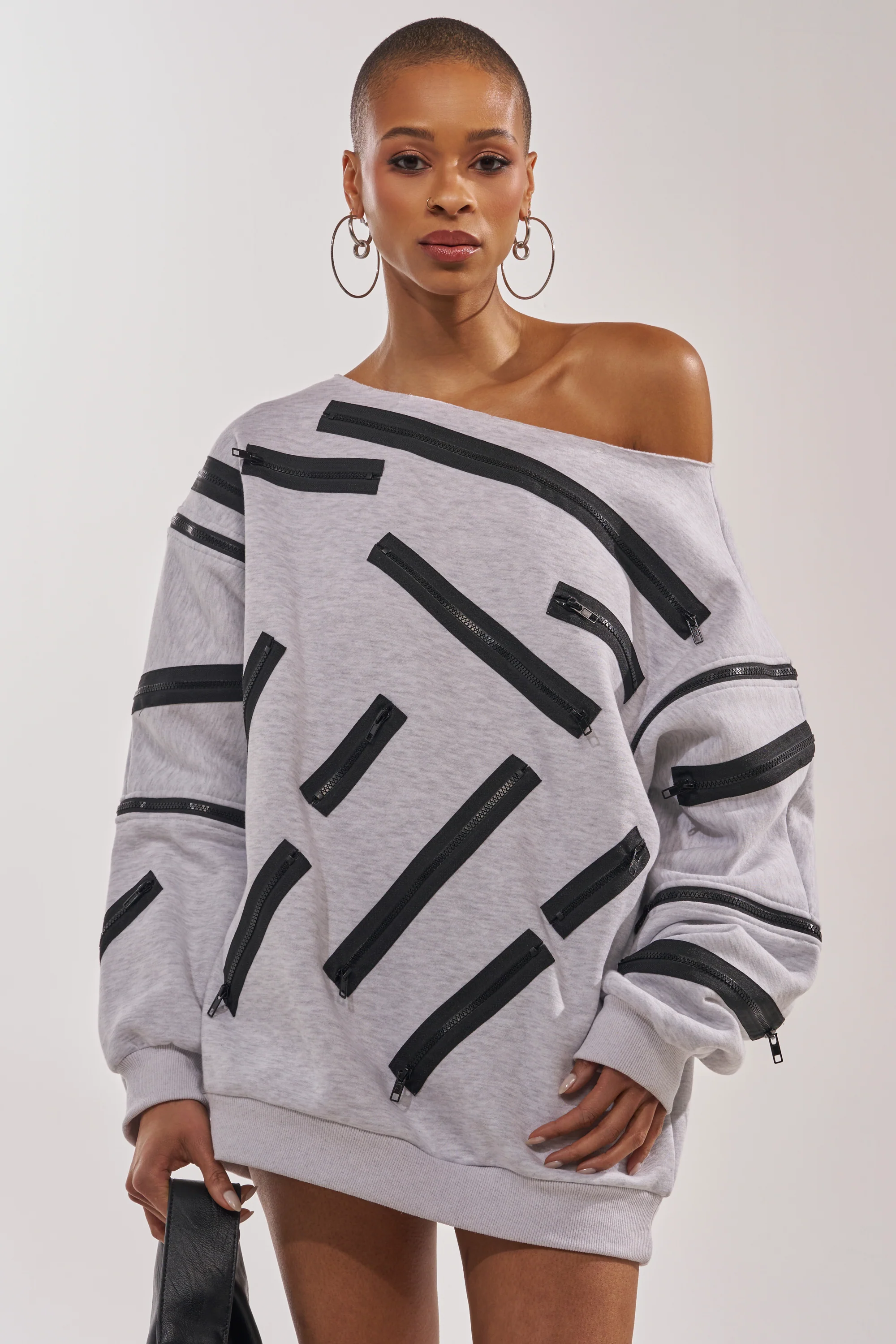 Zip Zap Off The Shoulder Sweatshirt Dress-Grey Multi