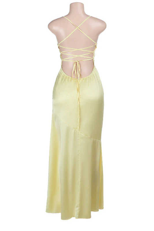 Square Neck Yellow Backless A-line Long Dress