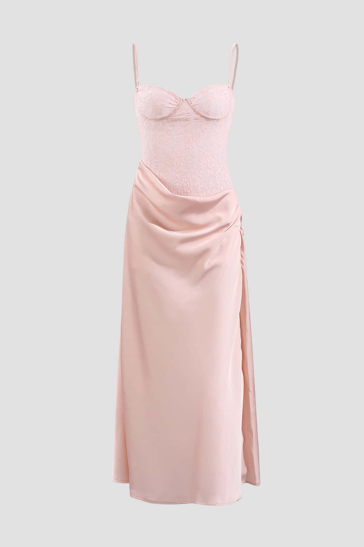 Straps Pink Lace and Satin Slit Long Dress