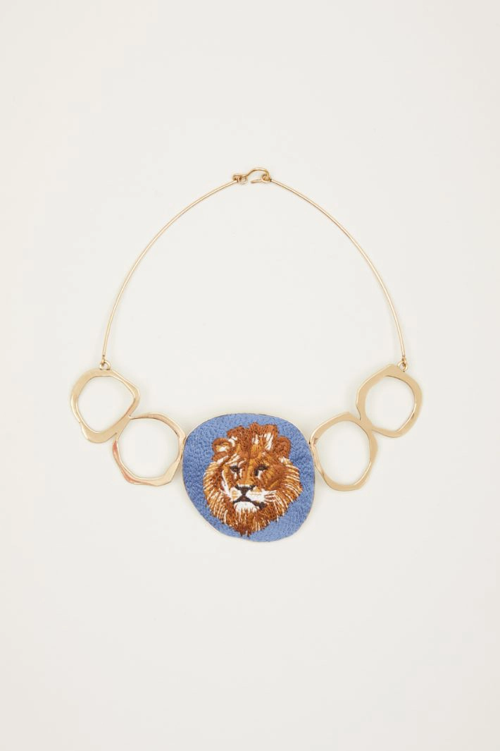 Necklace with embroidered element - GOLD LIGHT BLUE