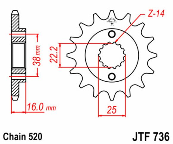 JT. Standard Steel 736 Countershaft Sprocket - 520Ref: Jtc00437A / 1077470002