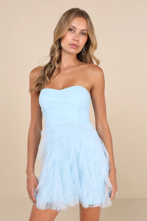 Delightful Beauty Pale Pink Mesh Strapless Ruffled Mini Dress