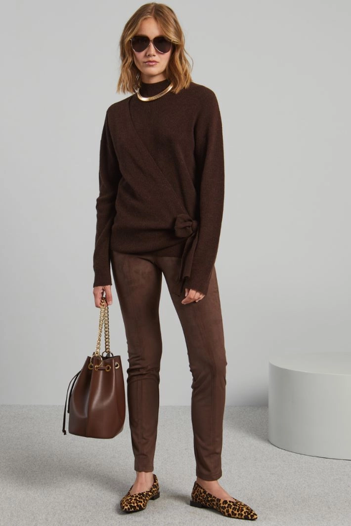 Velvet-effect jersey skinny trousers - DARK BROWN