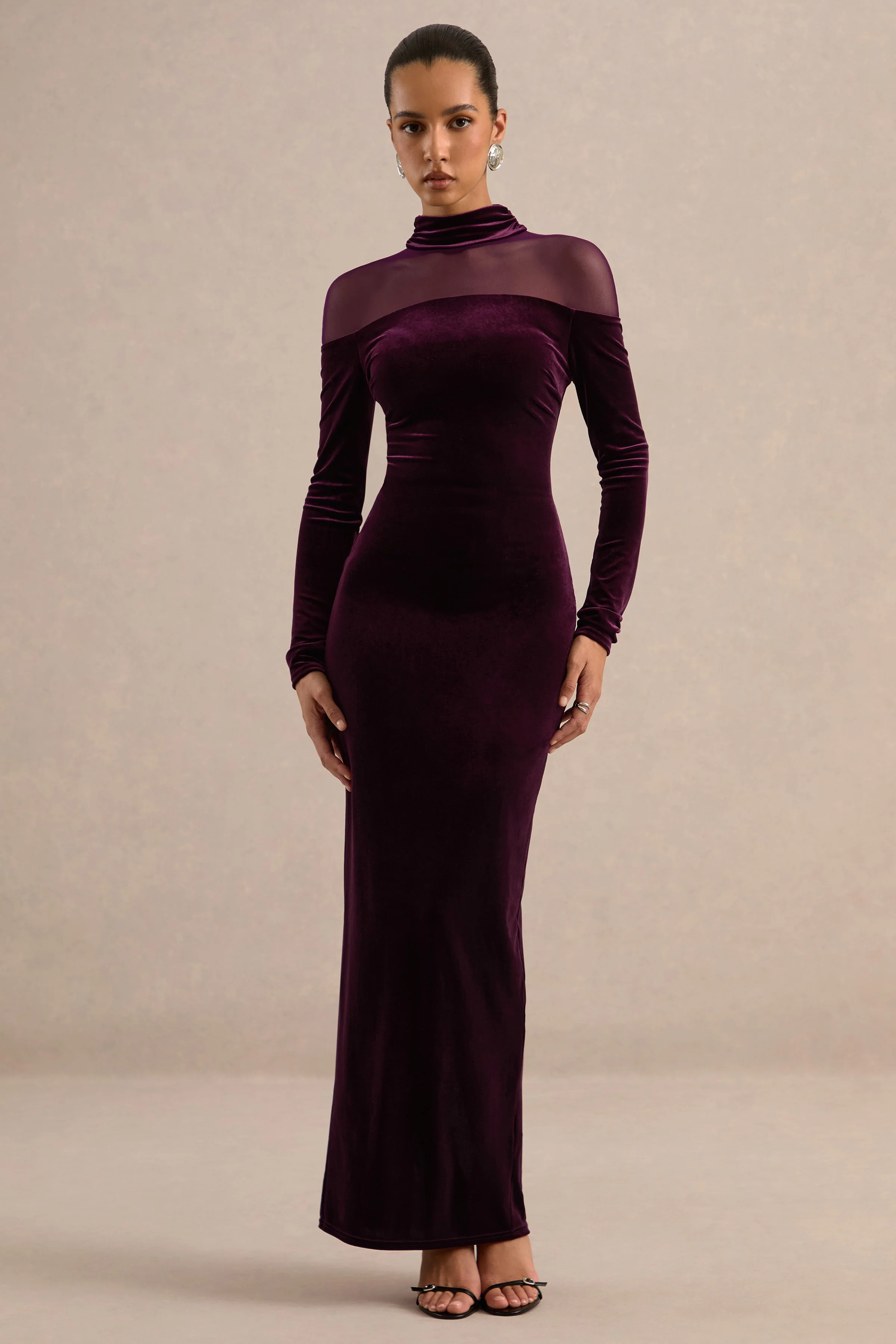 Rosa | Plum Velvet High Neck Long Sleeve Maxi Dress With Sheer Detailing