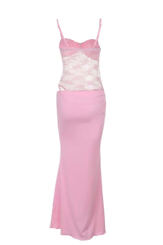 Pink Straps Cutout Ruched Fitted Long Dress