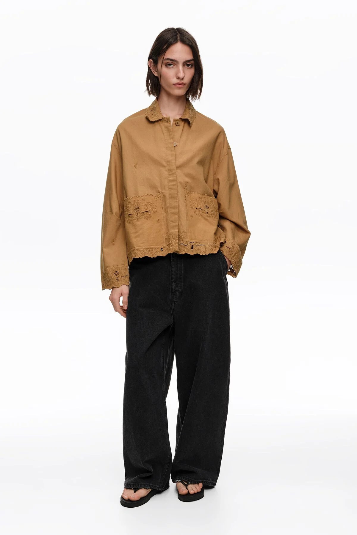 Camel embroidered straight-cut jacket