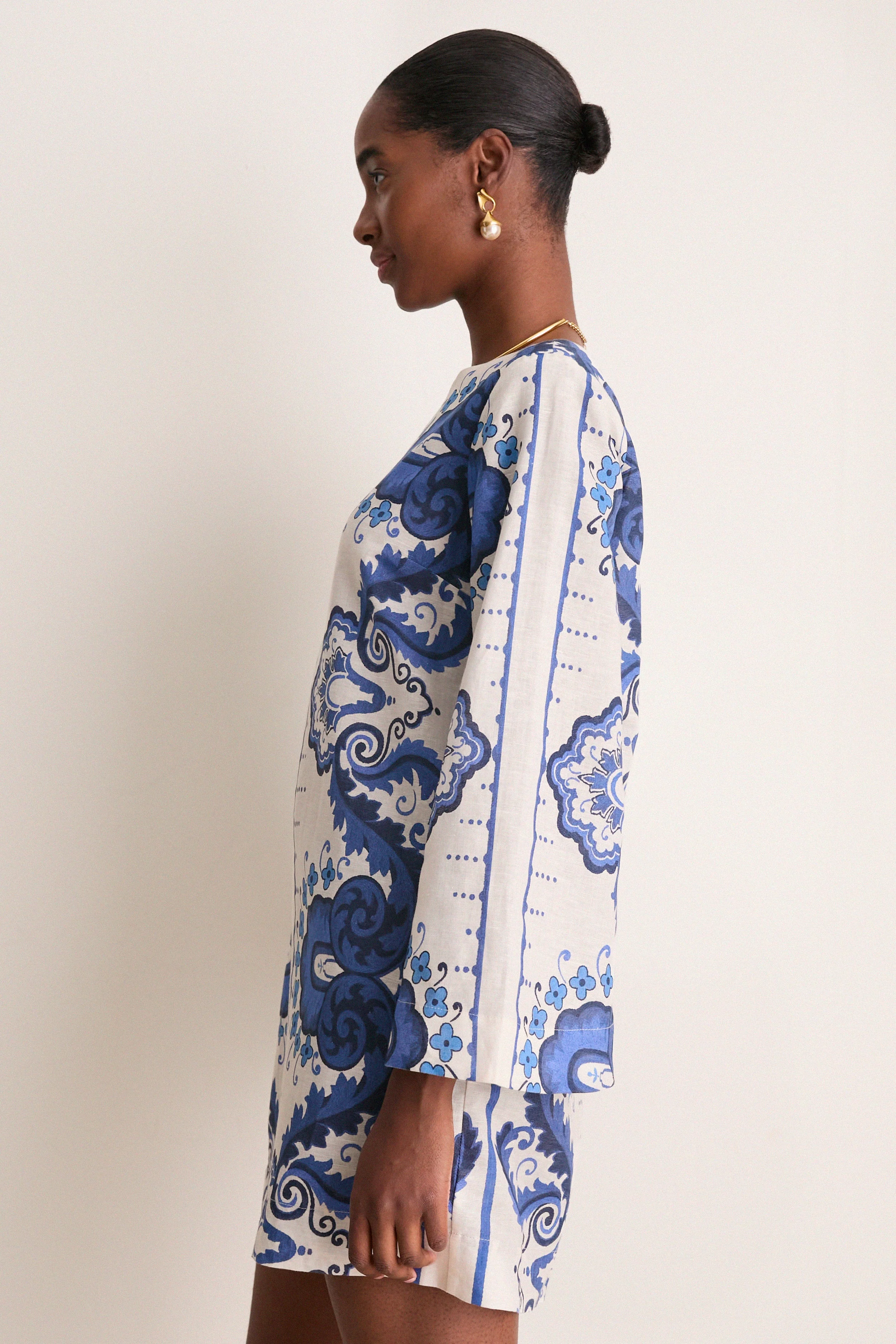 Ultramarine Medallion Cotton Linen Linden Mini Dress