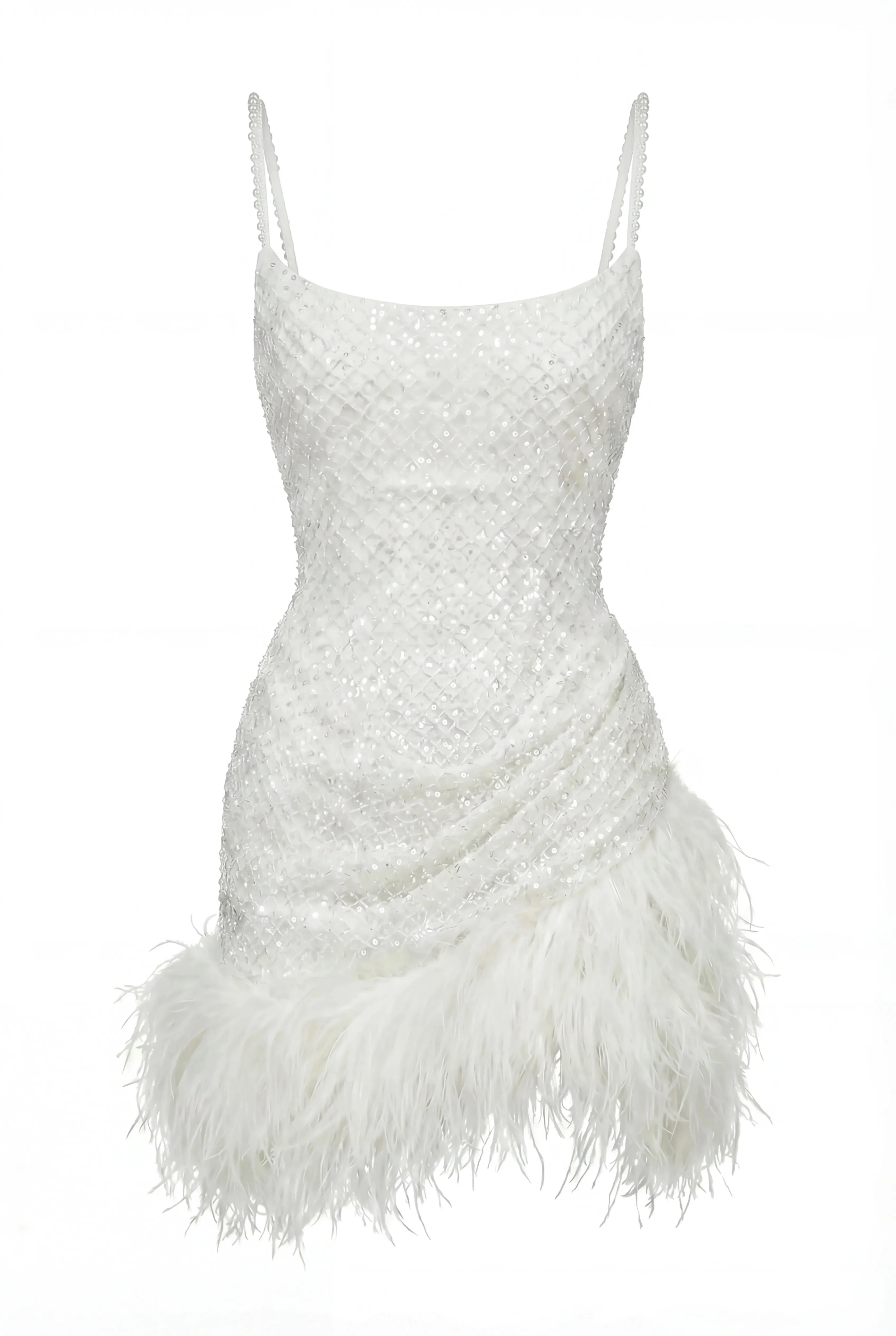 Corset Mini Ivory Dress with Pearls and Feathers