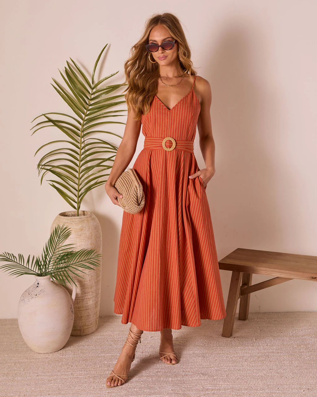 Bungalow Bliss Striped Belted Midi Dress