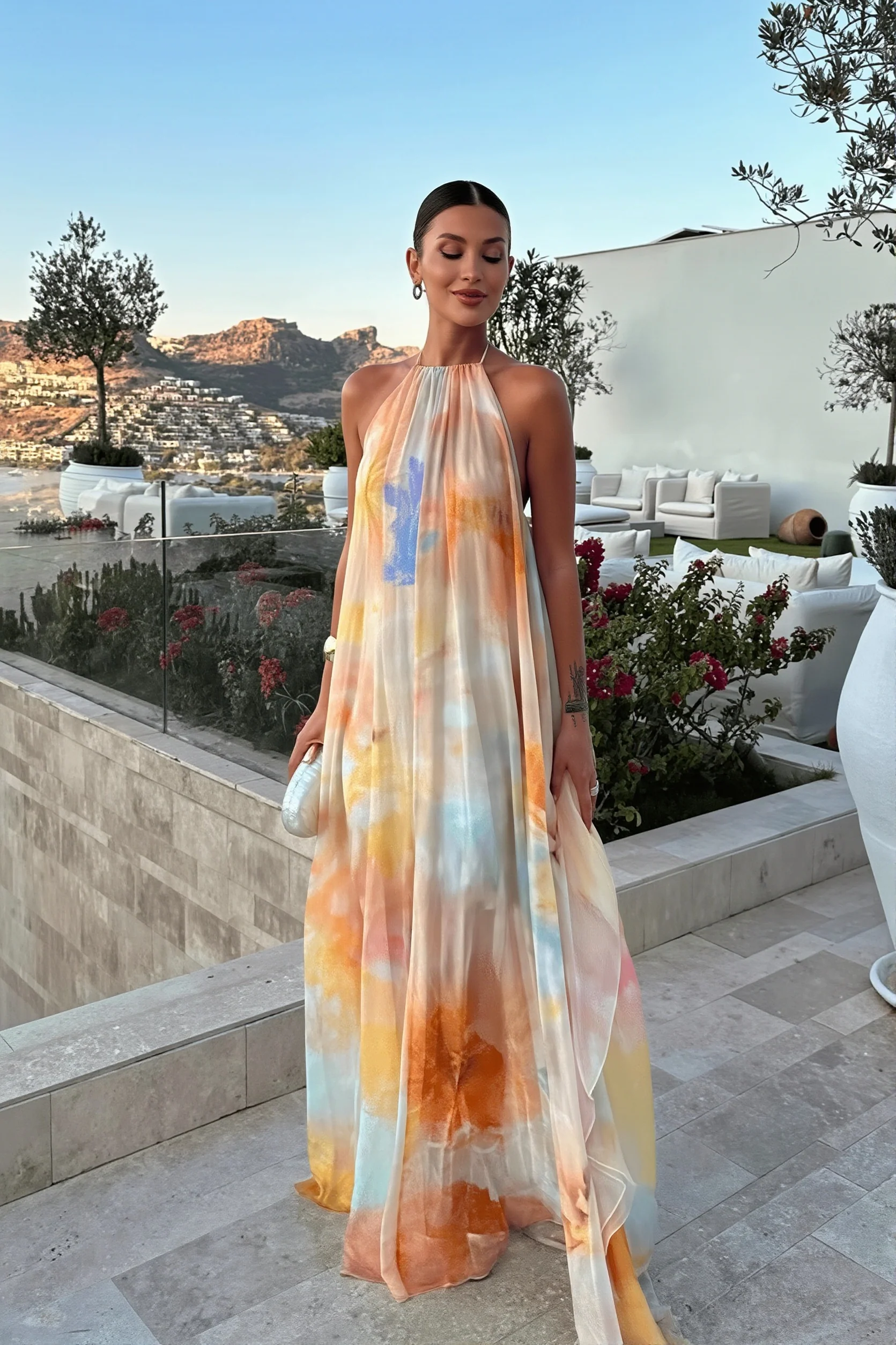 Chiffon Printed Halter Backless Maxi Dress