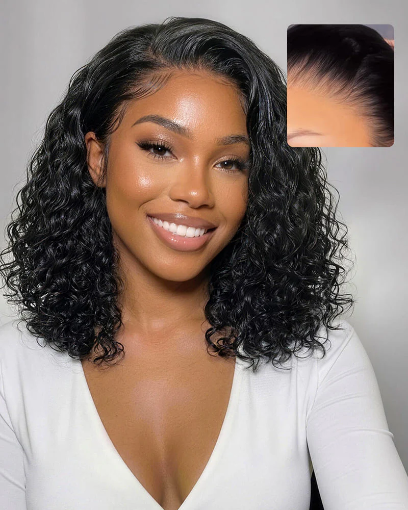 Ophirawig 13x5 Lace Glueless Water Wave Bob Wig With Pre-Cut Lace Invisible Knots Natural Black Virgin Hair Wig