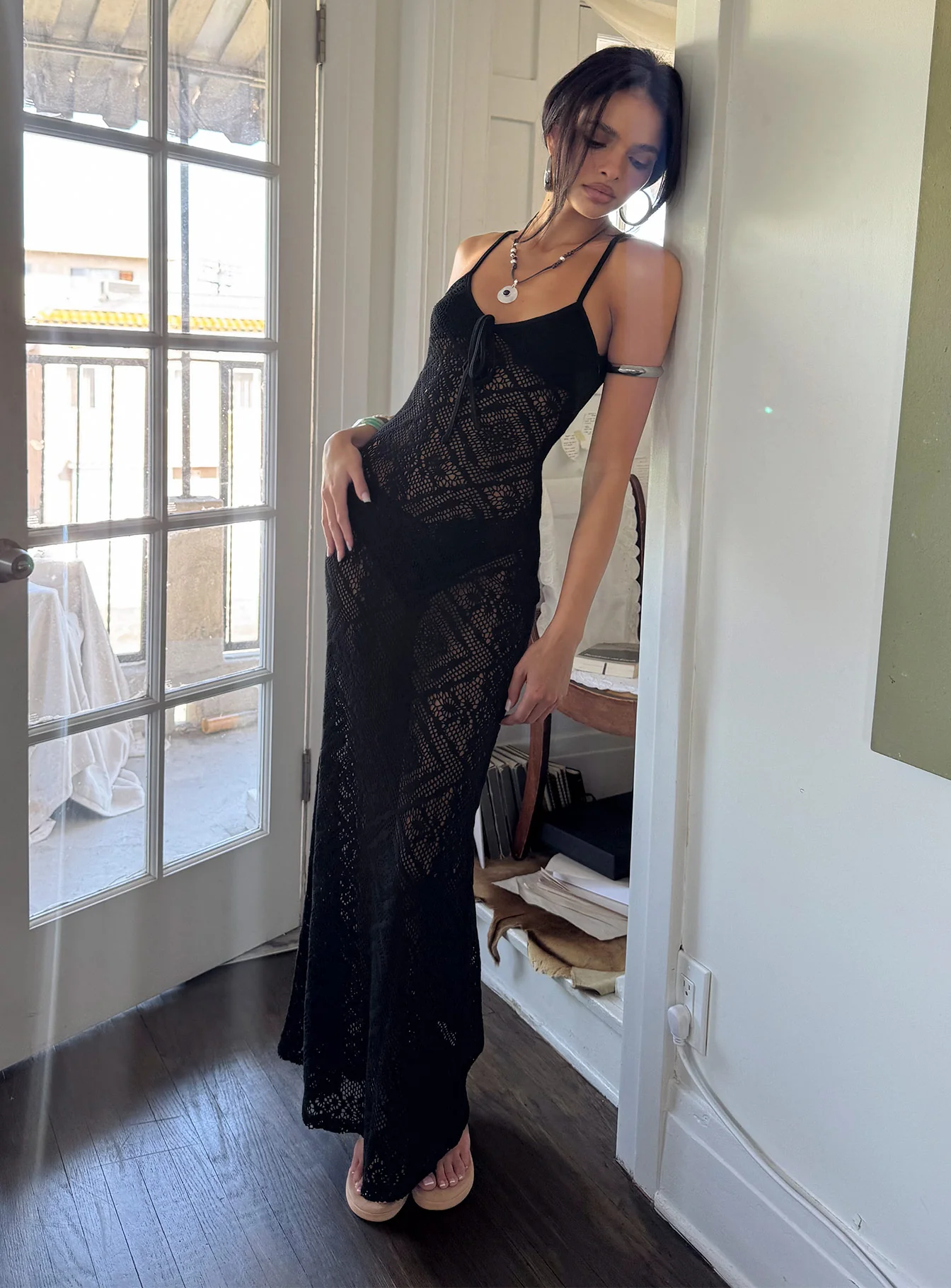 Eminent Crochet Low Back Maxi Dress Black