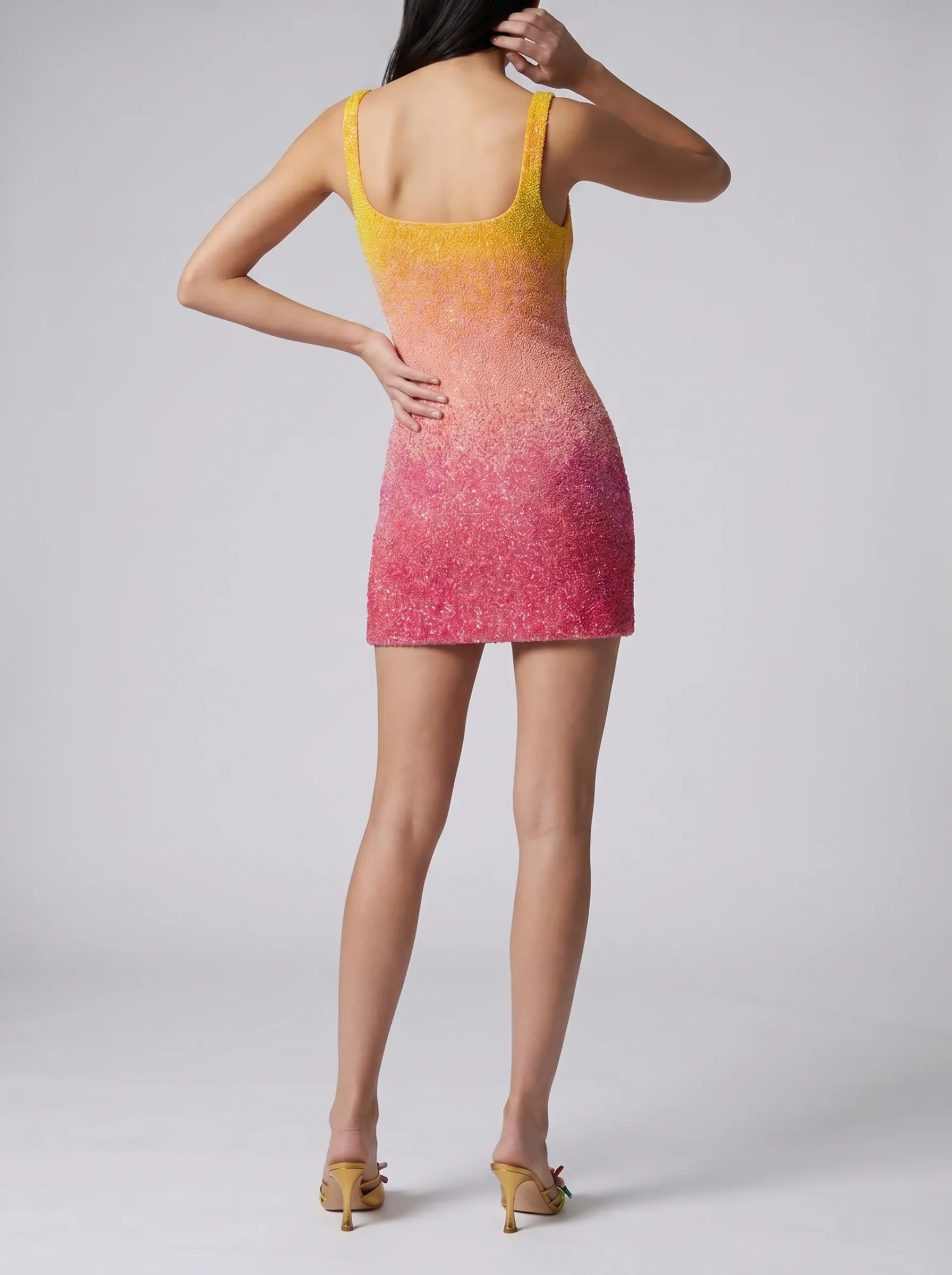 Sofia Hand Beaded Party Mini Dress Orange Pink Ombre