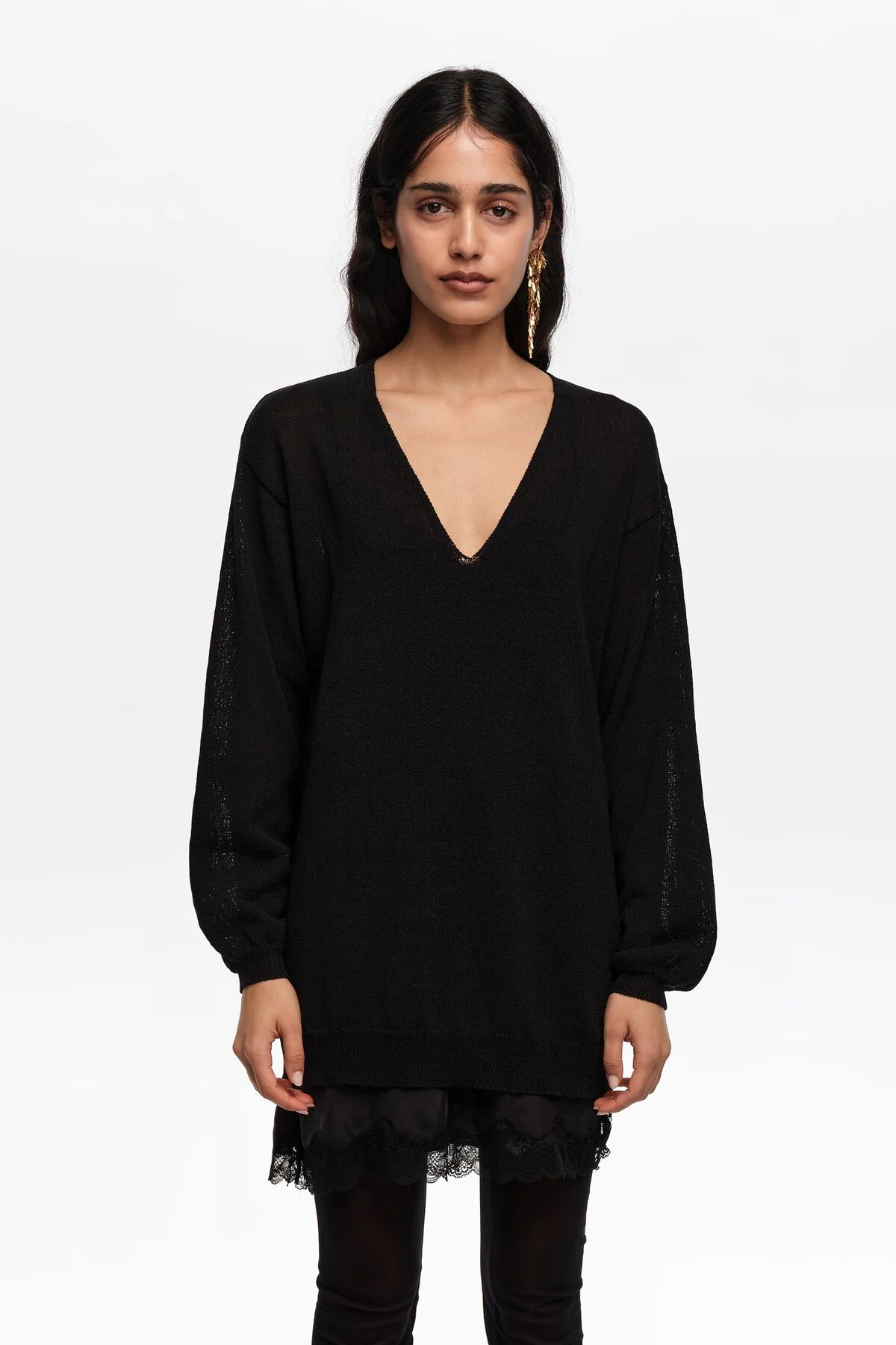 Black cotton V-neck sweater