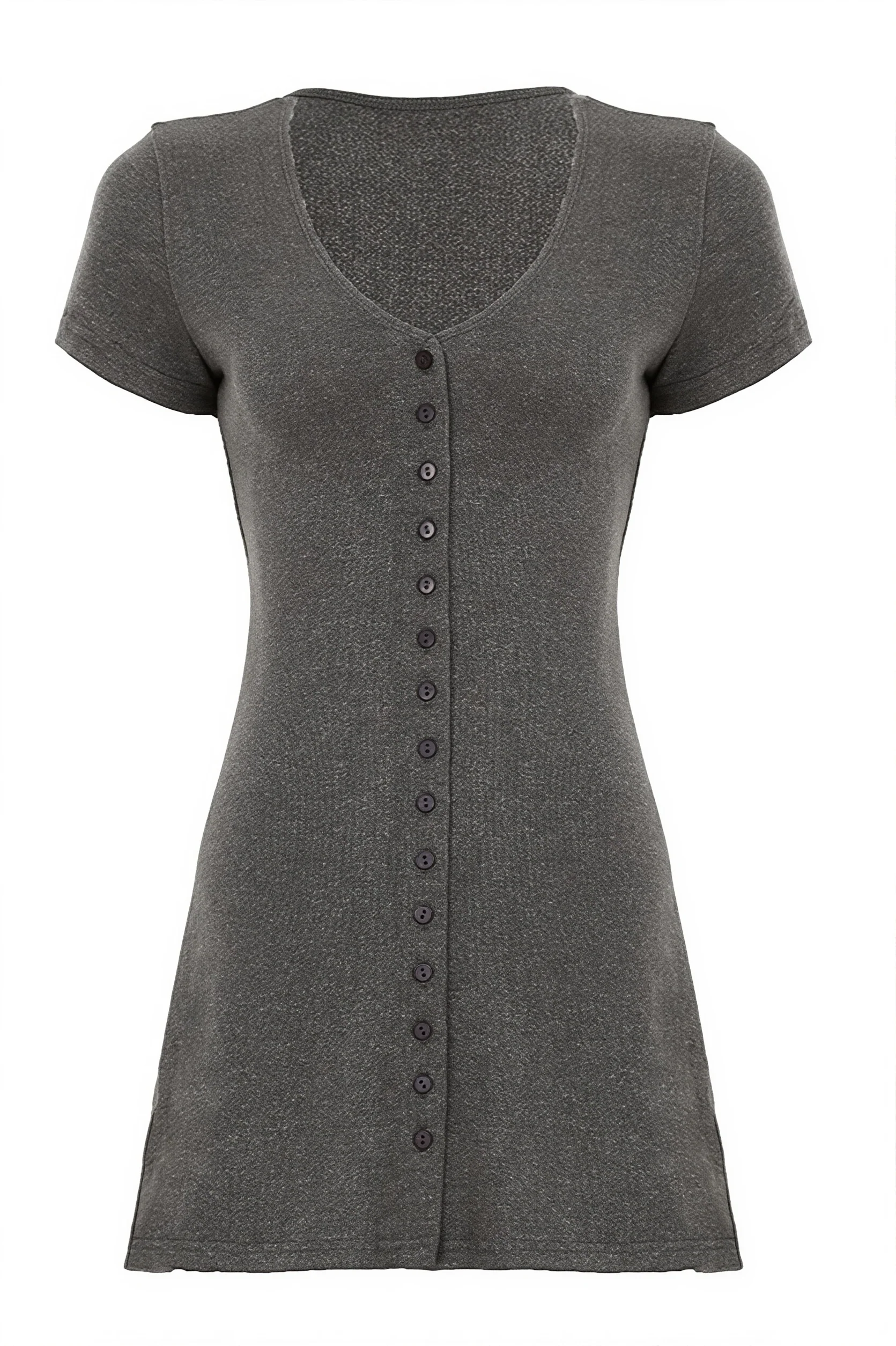 Solid Button Knit V Neck Slim Mini Dress