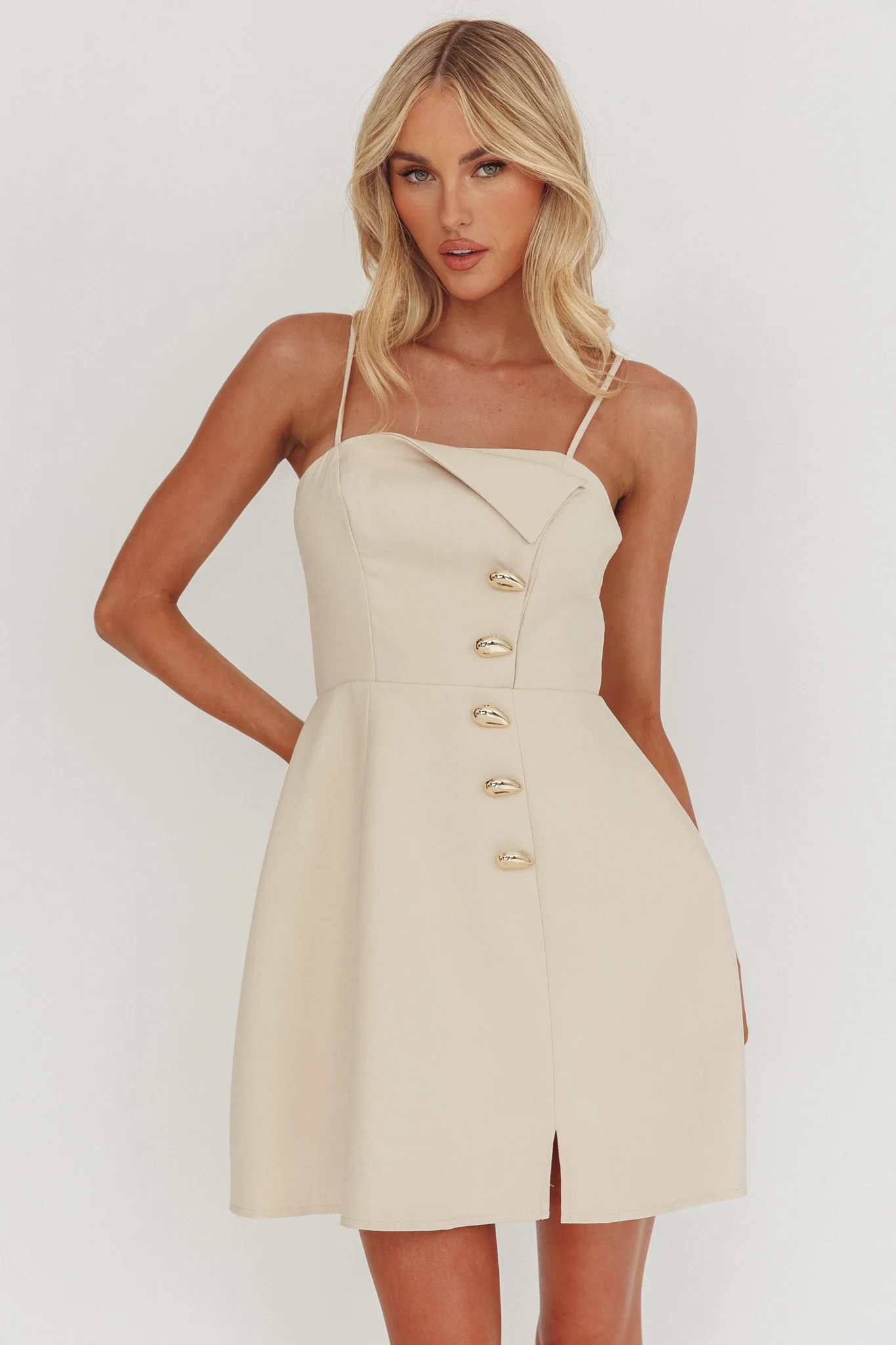 Captivated Button Feature Mini Dress Stone