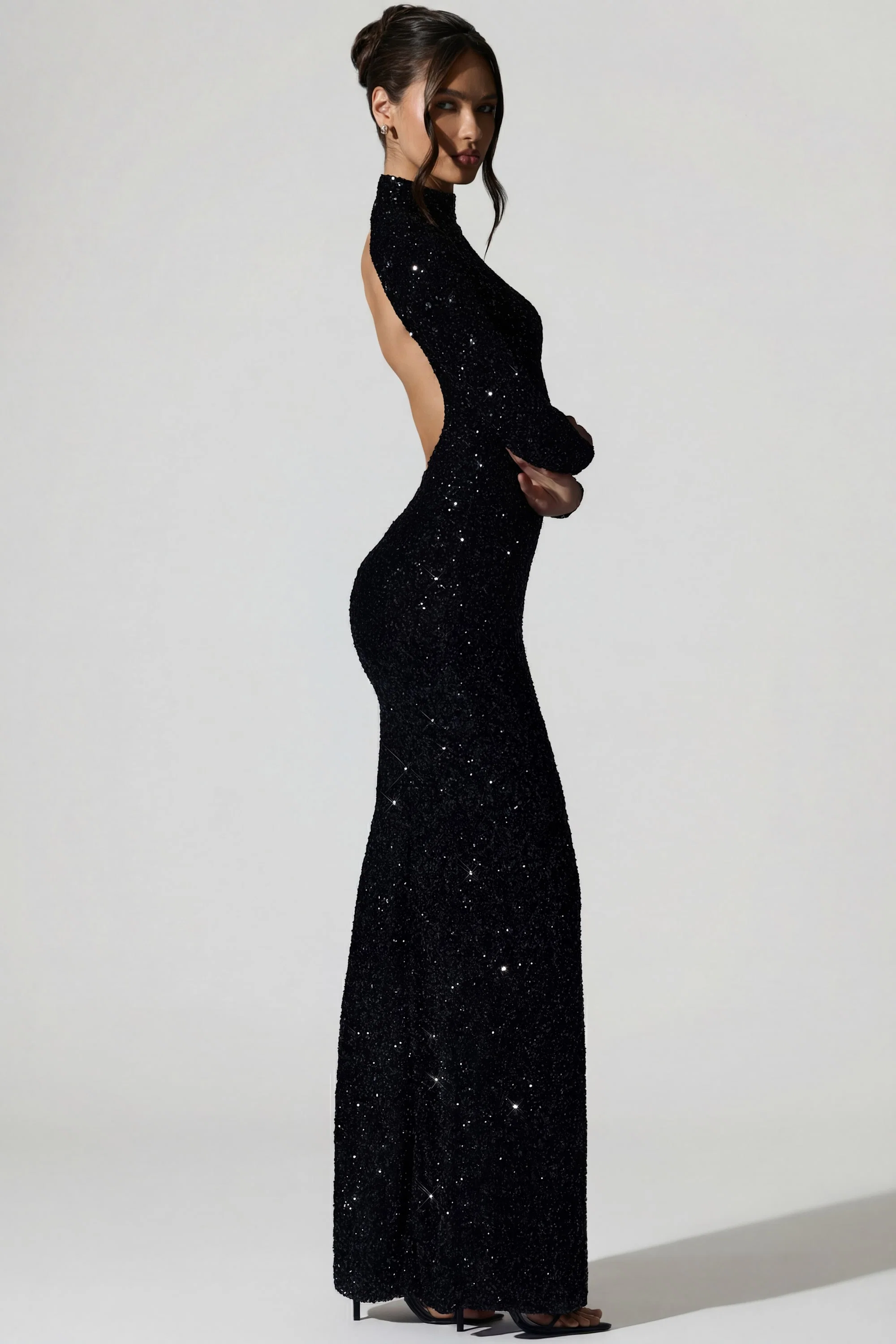 Embellished Open-Back Gown in Black