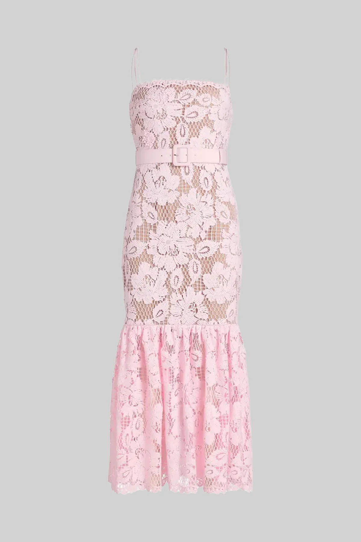 Lace Midi Dress With Belted Waist And Flounce Hem - Pink