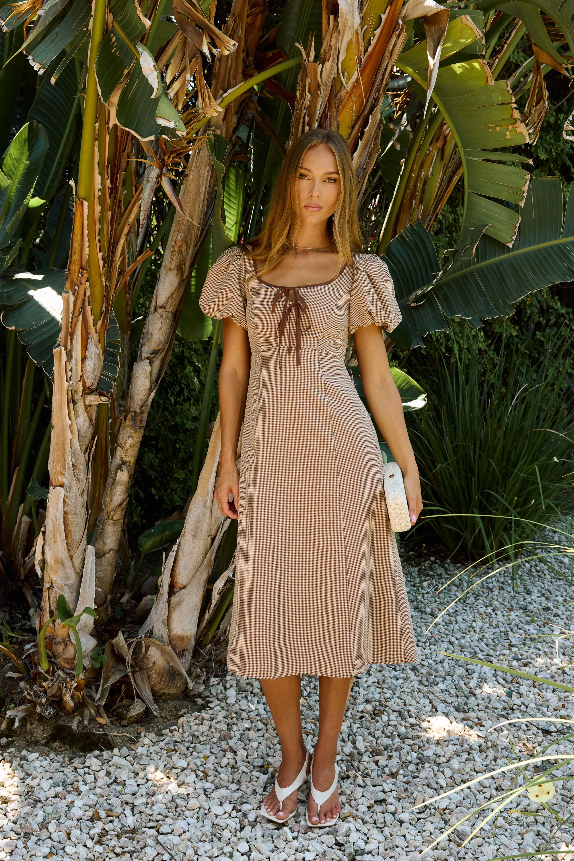 Elle Gingham Midi Dress in Tan