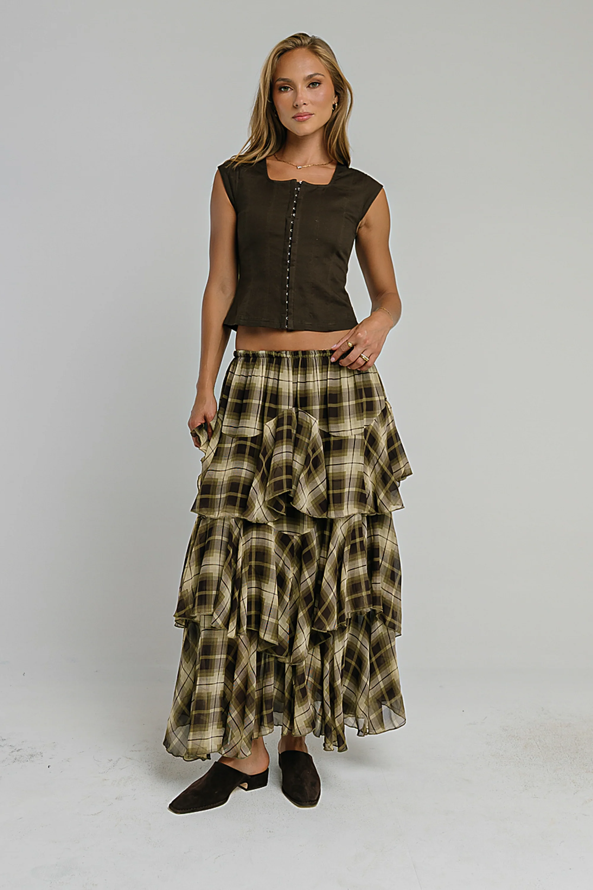 Allyson Plaid Ruffle Midi Skirt