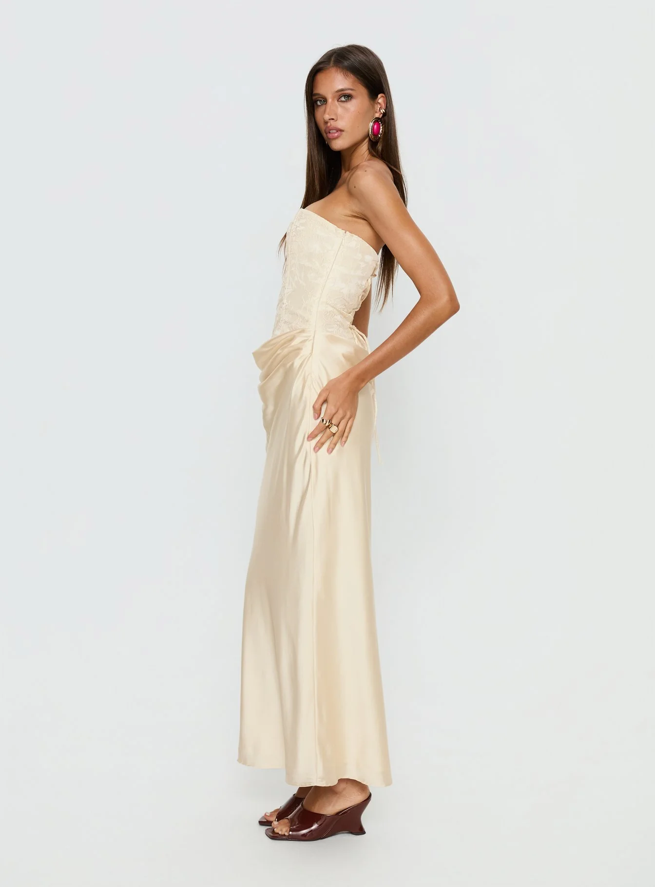 Jenevieve Strapless Drape Maxi Dress Lemon