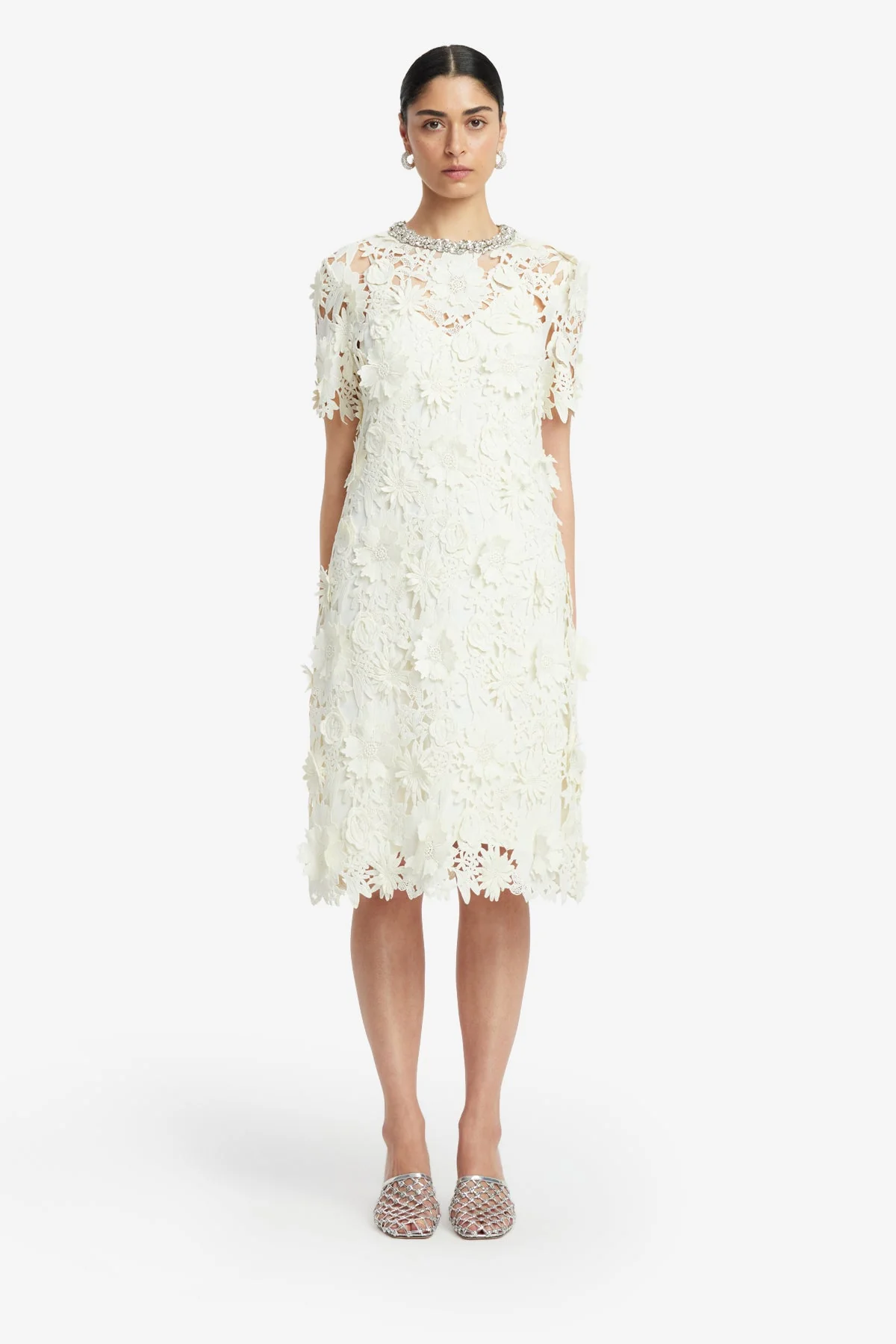 Sheridan Embellished Lace Midi Dress - Snow