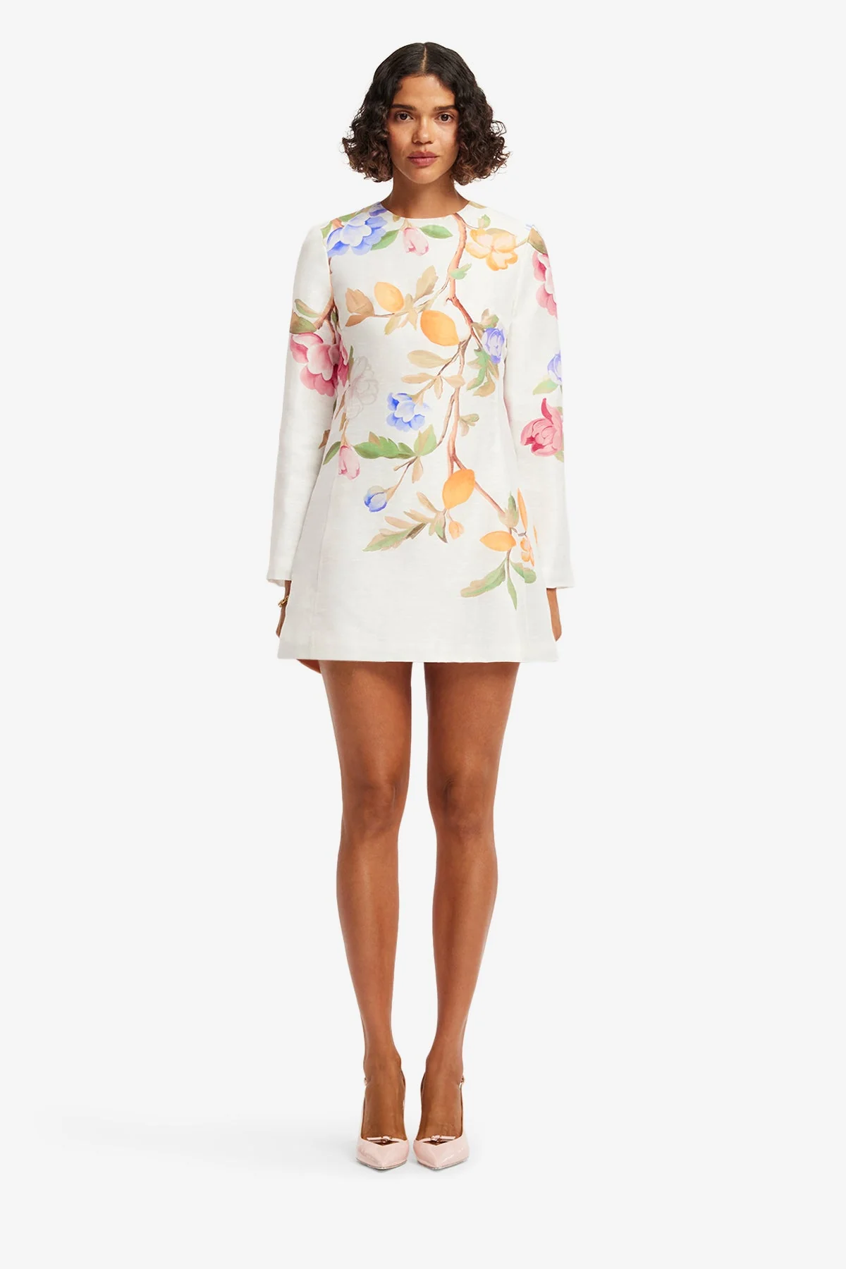 Aliza Long Sleeve Mini Dress - Lemon Vine Print in Snow