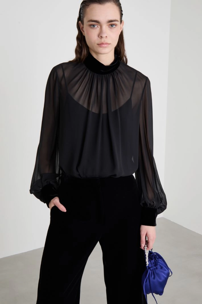 Georgette polo-neck blouse - BLACK