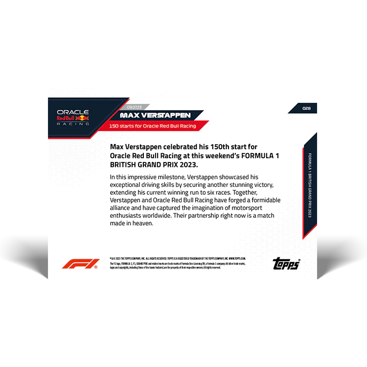 Topps UK - 150 starts for Oracle Red Bull Racing. - F1 TOPPS NOW® Card #28