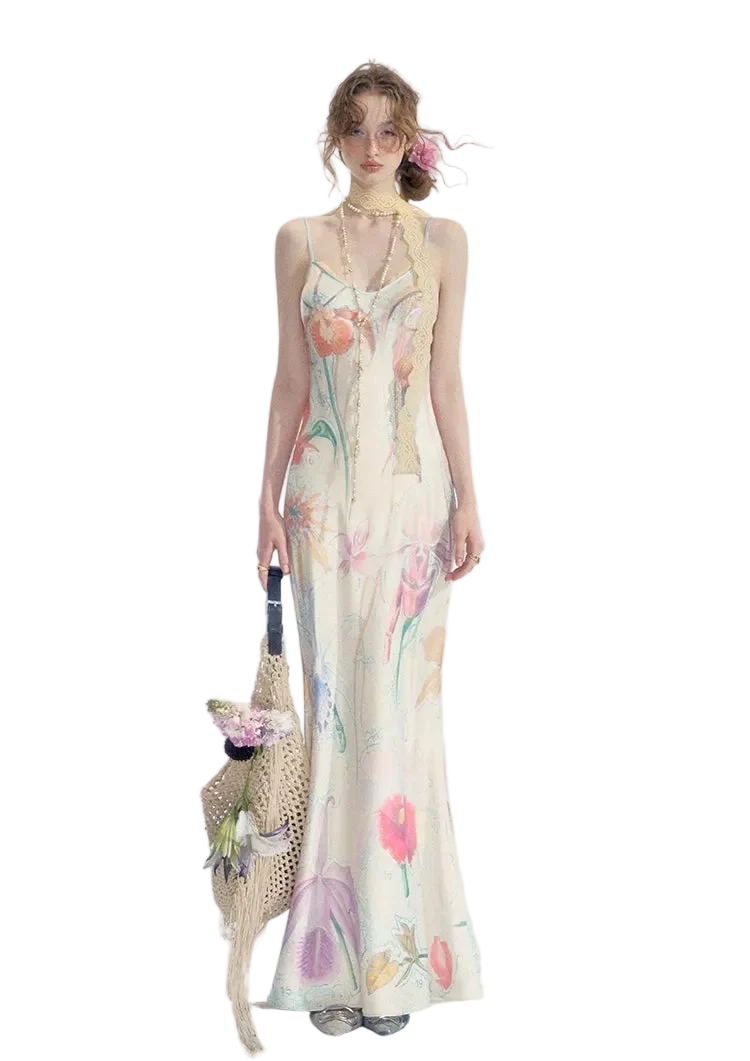 Botanical Print Bias-Cut Camisole Long Dress