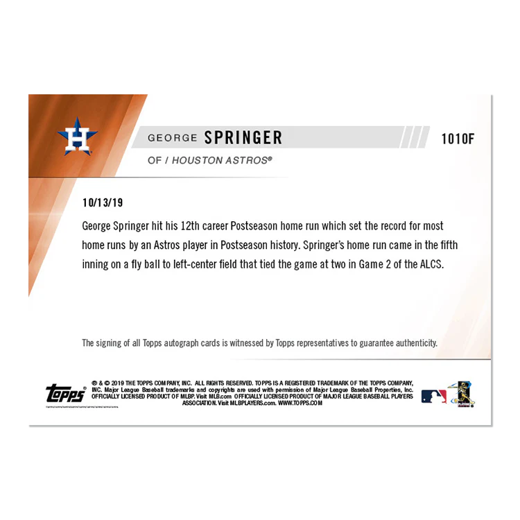On-Card Auto # to 1 - George Springer - MLB TOPPS NOW® Card 1010F