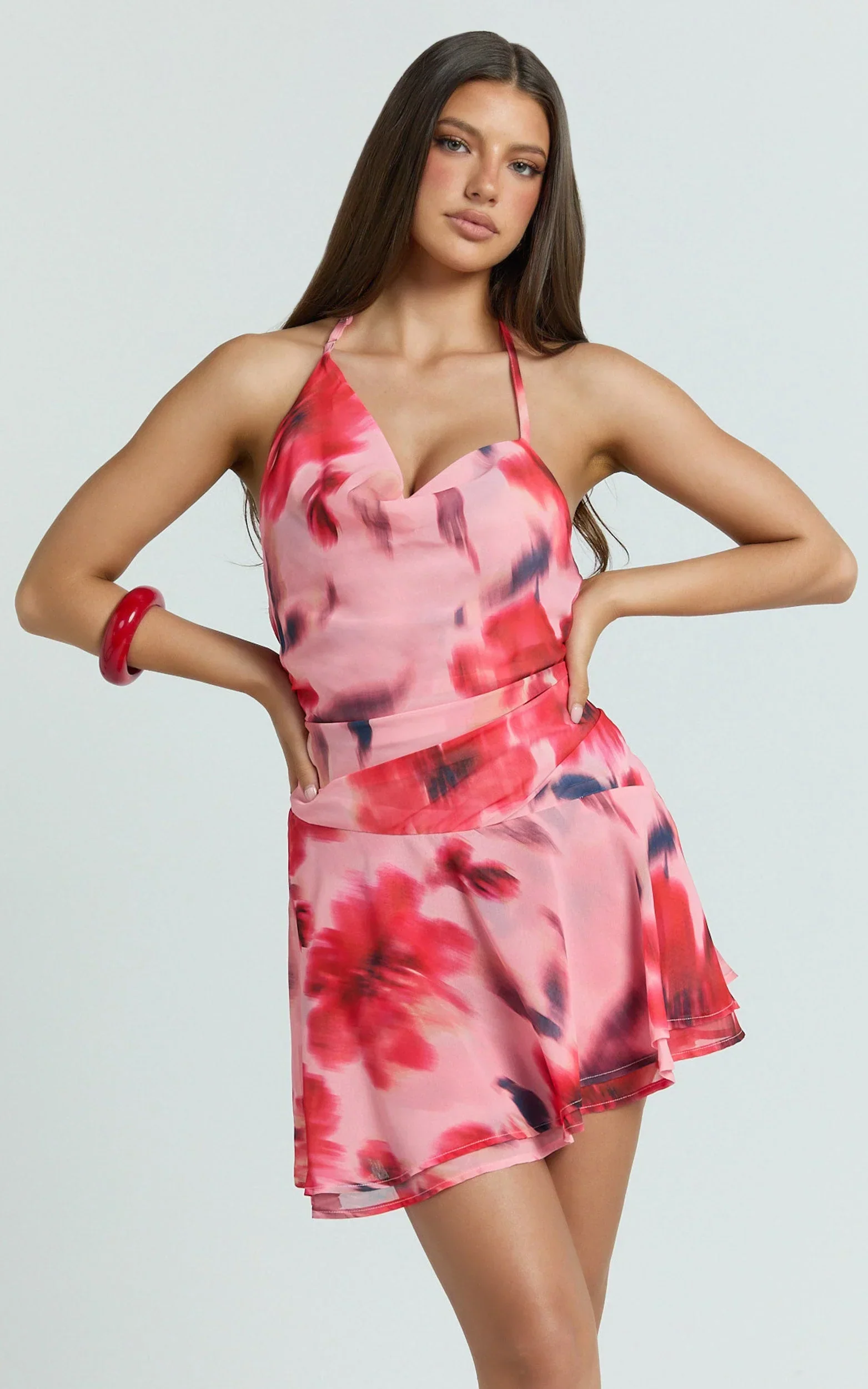 Claudia Mini Dress - Floral Halter Cowl Neck Flounce Dress in Pink Floral