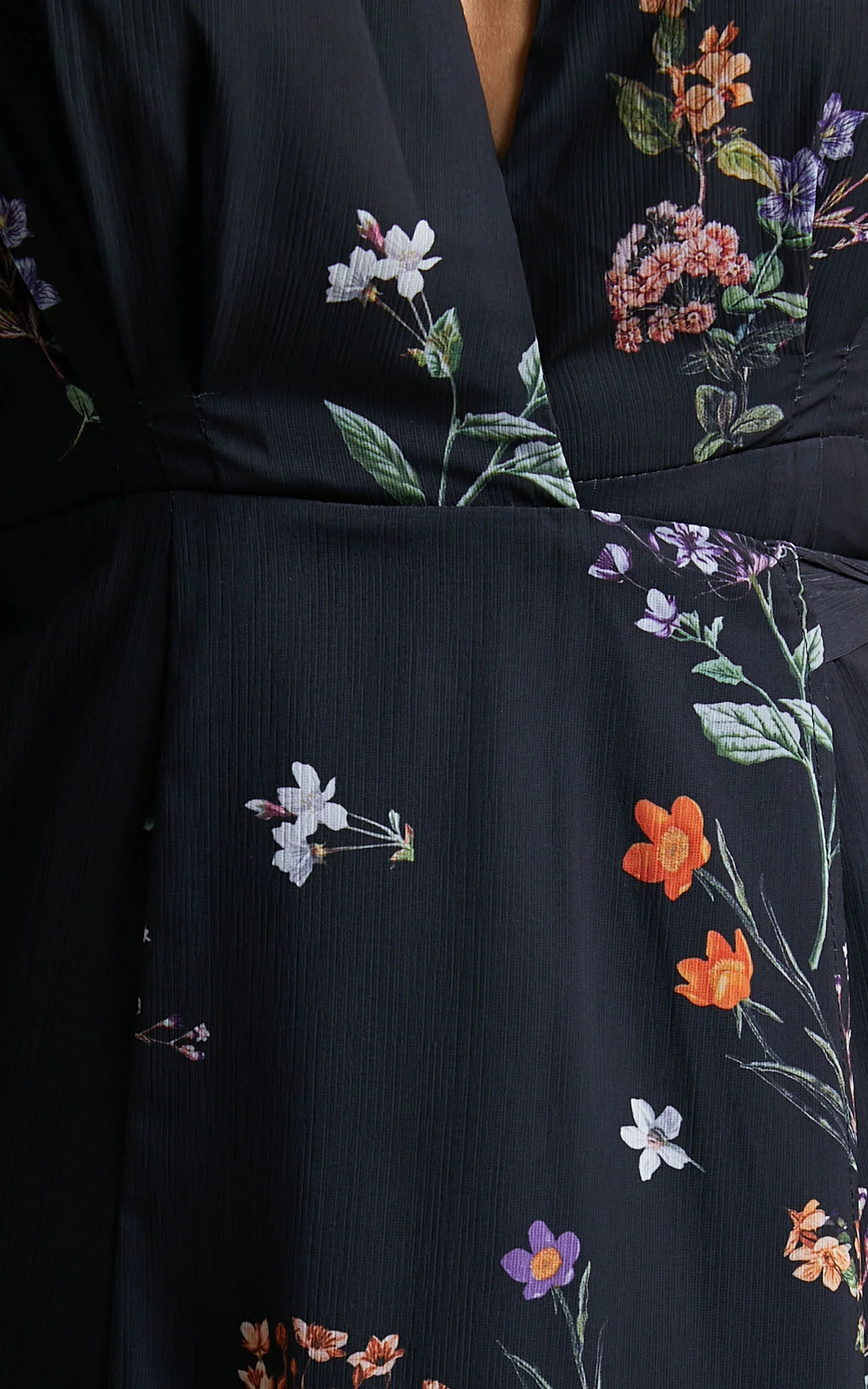 Erenza Maxi Dress - Extended Sleeve Wrap Dress in Black Flower Field