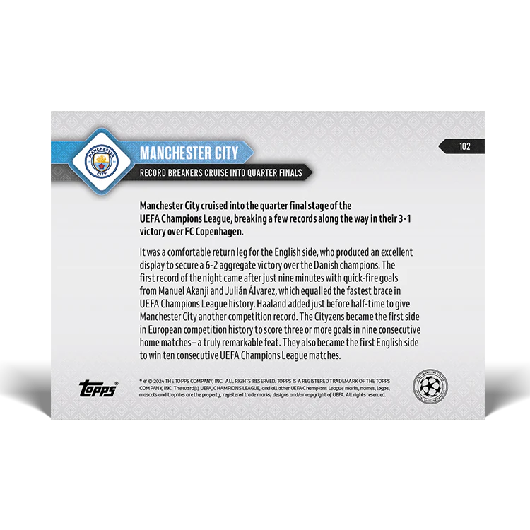 Topps UK - Manchester City - Record breakers cruise into quarter final - UCL TOPPS NOW® Card #102