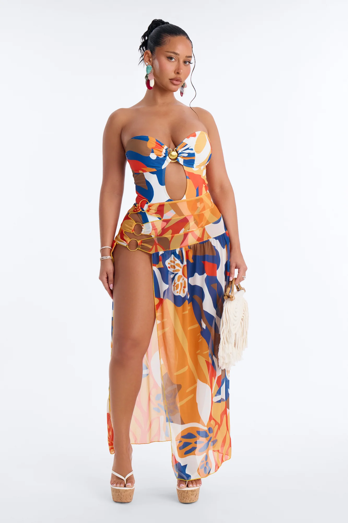 Nola Abstract 1 Piece Strapless Swimsuit & Mesh Cover Up Maxi Skirt - Multi Color