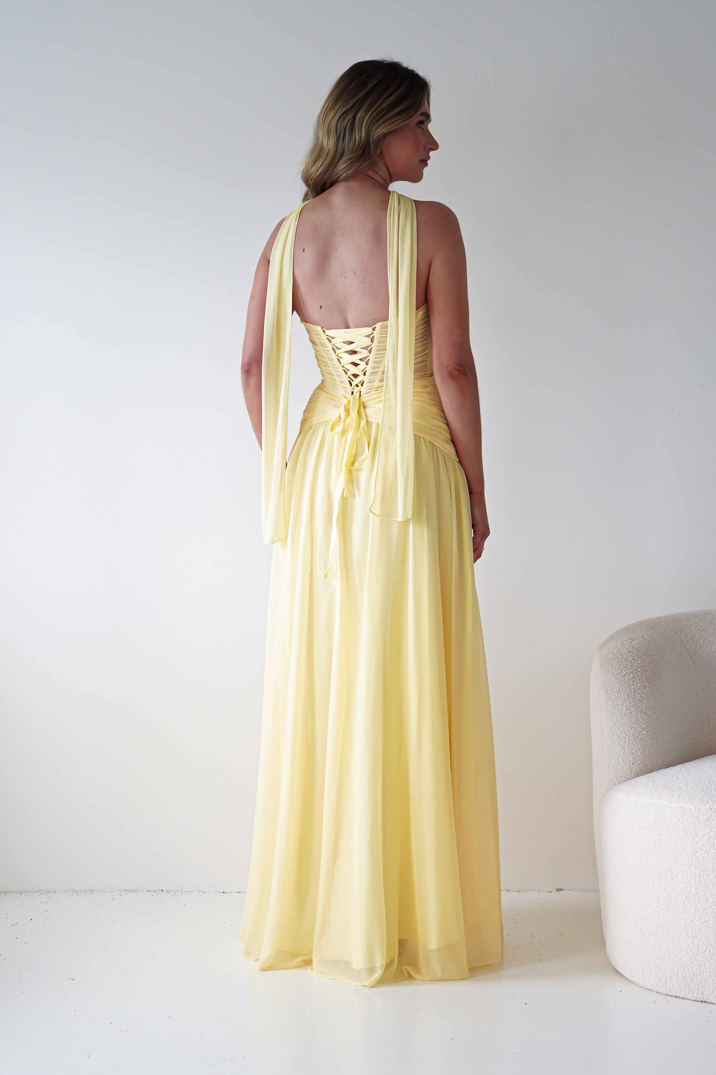 Nicolette Strapless Chiffon Maxi Gown | Yellow