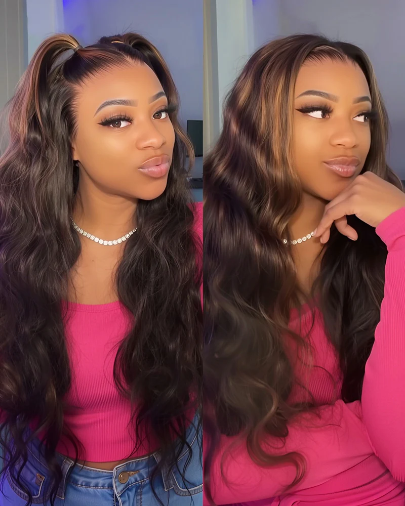 Ophirawig 6x5 invisible knots Glueless Auburn Highlights on Black Hair Body Wave Wig Invisible Knots Realistic Hairline